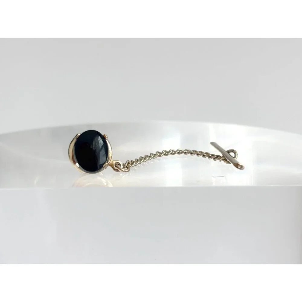 Faux Black Onyx Stone Silver Toned Vintage Men's Tie Tack